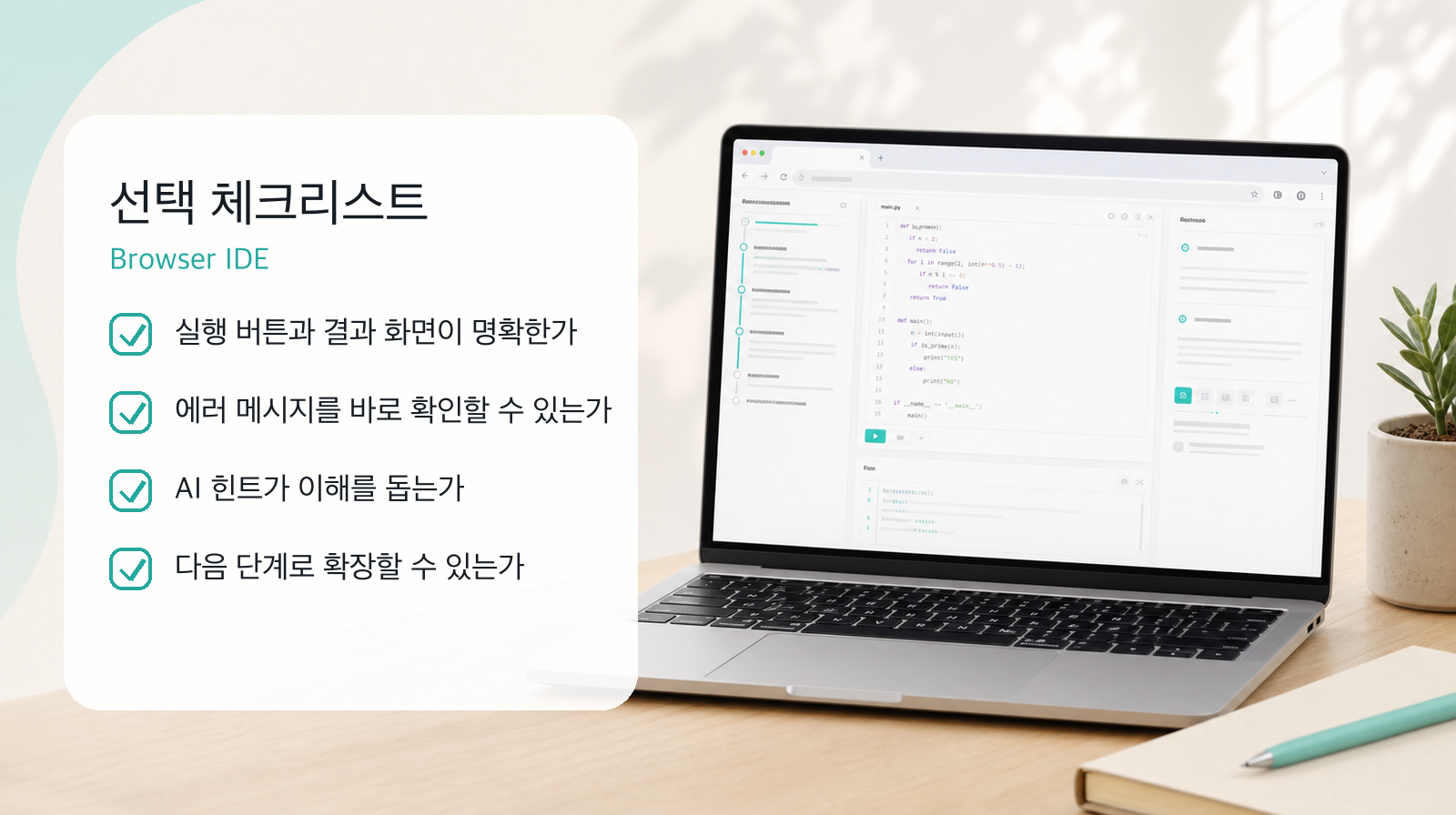 브라우저 IDE 선택 체크리스트: 실행 버튼, 결과 화면, 에러 확인, AI 힌트, 다음 단계 확장성을 확인하는 항목