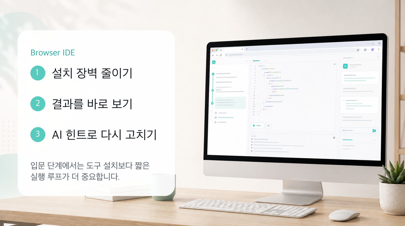 브라우저 IDE 학습 루프: 코드 작성, 실행 결과 확인, 에러 읽기, AI 힌트 확인, 다시 수정하는 과정을 한 화면에서 반복하는 모습